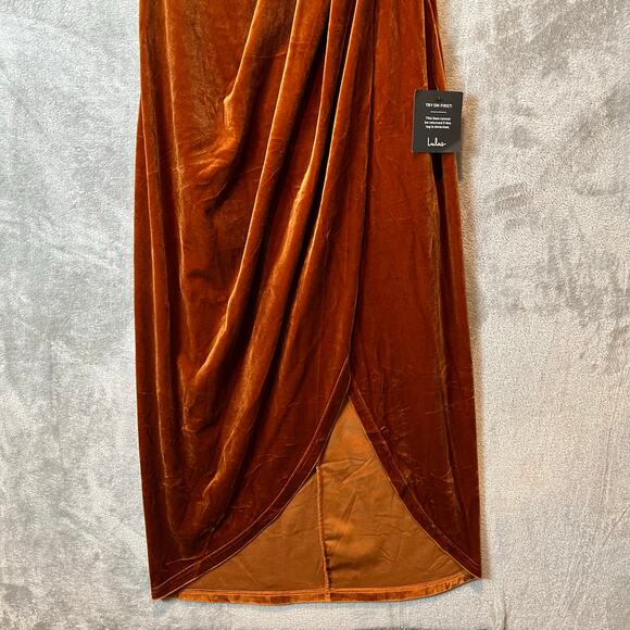 Lulu’s I'm Enchanted Rust Orange Velvet Off-the-Shoulder Maxi Dress Size XS - Picture 2 of 10